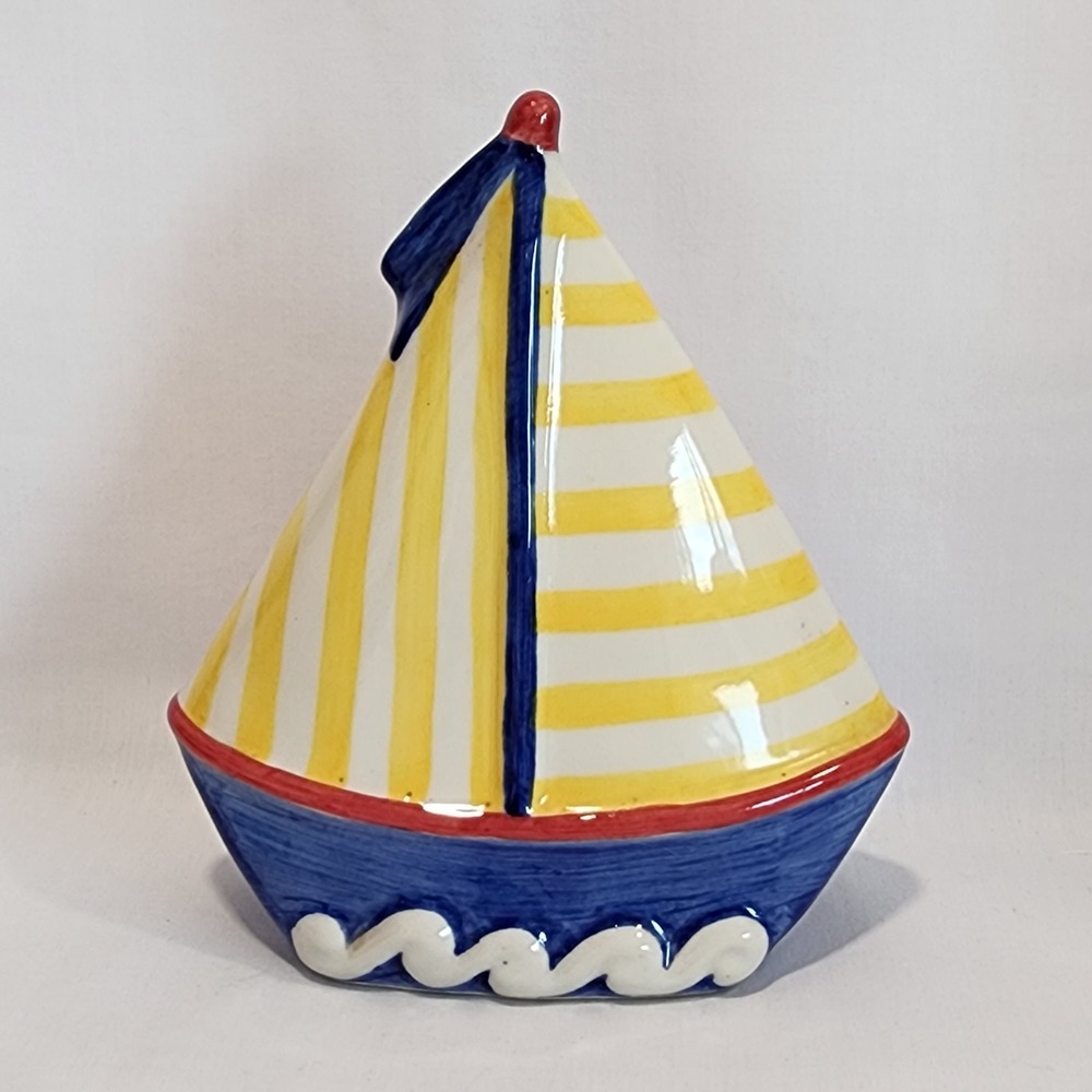 Andrea by Sadek Ceramic Sailboat Piggy Bank Blue Yellow Nautical Nursery Decor